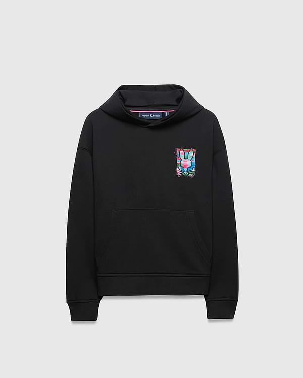 Kids Isaac Print Hoodie, black relaxed fit french terry hoodie with a vibrant pink, blue, green, and white graphic Psycho Bunny skull logo on the left chest and a kangaroo pocket.