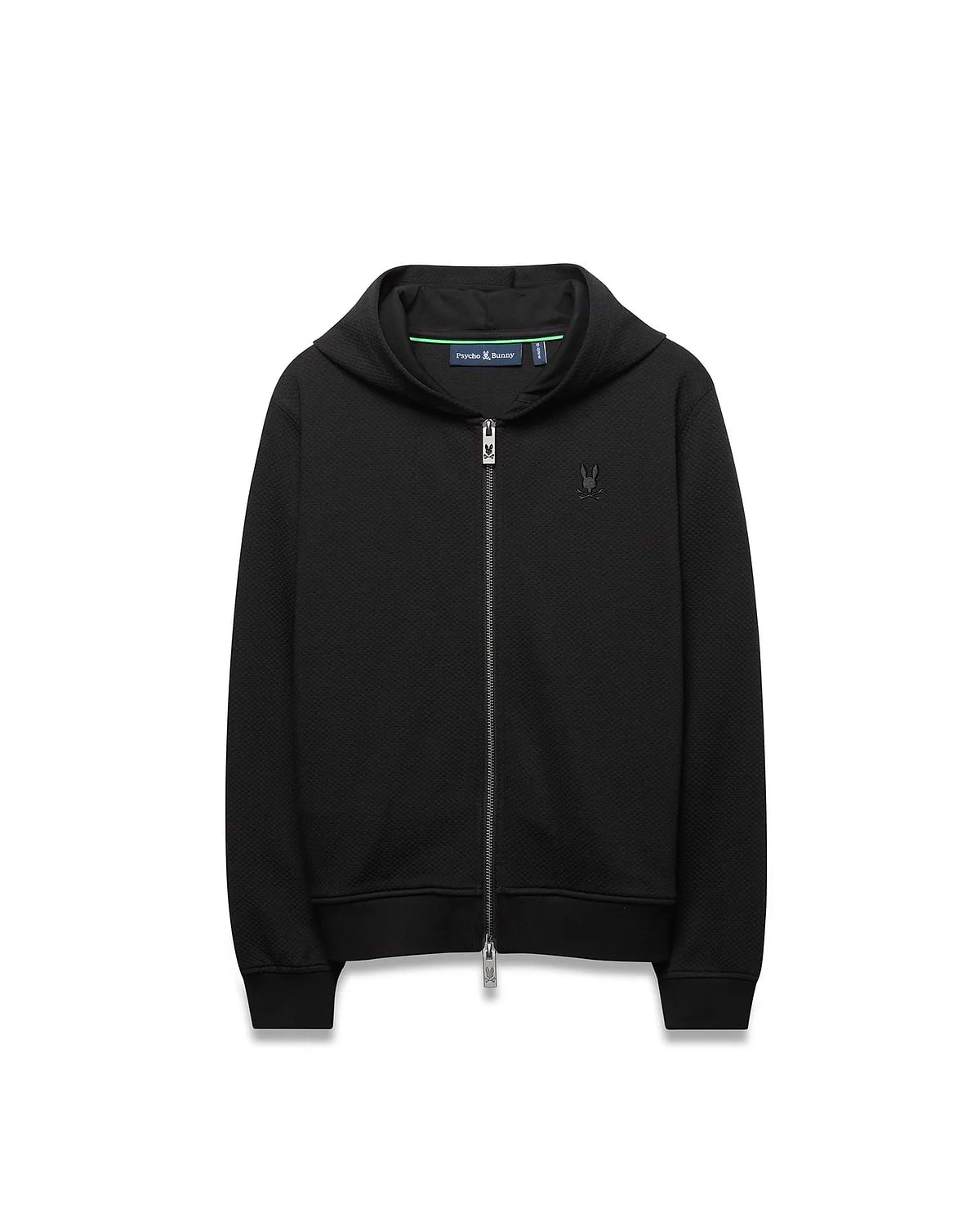 Kids Marc Textured Full Zip Hoodie in black textured knit, featuring a classic fit, small embroidered black Psycho Bunny skull logo on the left chest, and a silver branded zipper pull.