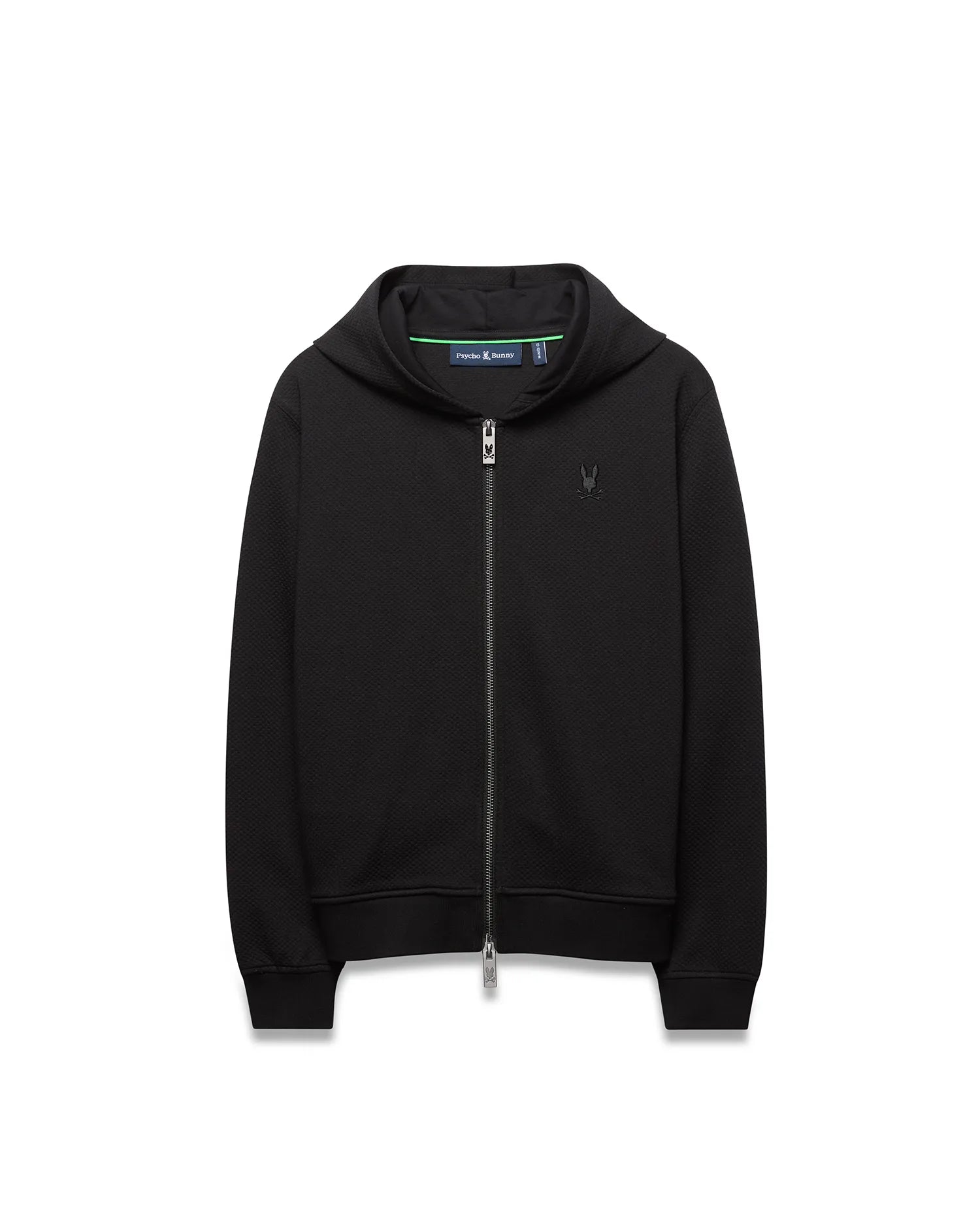 Kids Marc Textured Full Zip Hoodie in black textured knit, featuring a classic fit, small embroidered black Psycho Bunny skull logo on the left chest, and a silver branded zipper pull.