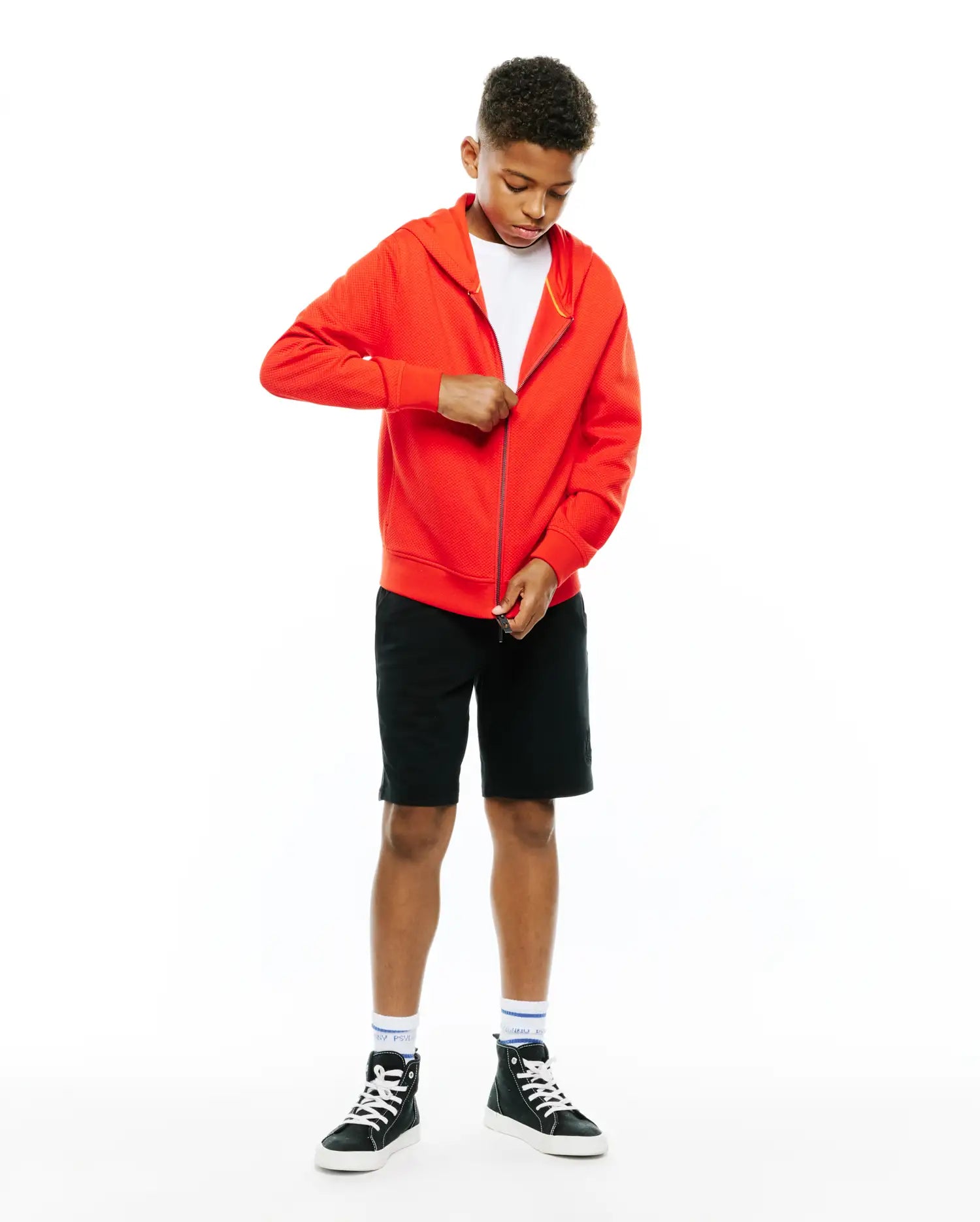 Vibrant red Kids Marc Textured Full Zip Hoodie, classic fit, featuring a prominent textured knit, full silver zipper, and ribbed cuffs and hem. (4)