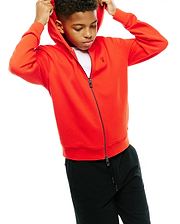 Kids Marc Textured Full Zip Hoodie in vibrant red-orange, featuring a textured knit, full black zipper with branded pull, ribbed cuffs/hem, and small embroidered Psycho Bunny skull logo on left chest. (3)