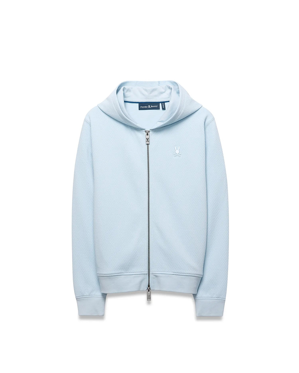 Kids Marc Textured Full Zip Hoodie in light blue, featuring a subtle diamond texture, classic fit, full zip closure, and a small white embroidered Psycho Bunny skull logo on the left chest.