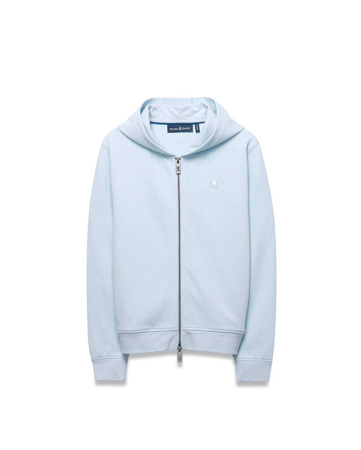 Kids Marc Textured Full Zip Hoodie in light blue, featuring a subtle diamond texture, classic fit, full zip closure, and a small white embroidered Psycho Bunny skull logo on the left chest.