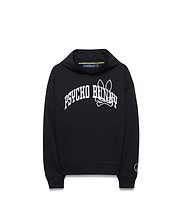 Kids Nathaniel Relaxed Hoodie in black, featuring a white arched PSYCHO BUNNY text and large bunny skull logo on the chest, with a kangaroo pocket and small circular logo on the left sleeve. (5)