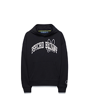Kids Nathaniel Relaxed Hoodie in black, featuring a white arched PSYCHO BUNNY text and large bunny skull logo on the chest, with a kangaroo pocket and small circular logo on the left sleeve. (5)