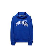 Kids Nathaniel Relaxed Hoodie in royal blue French terry, with a large white arched PSYCHO BUNNY skull logo graphic on the chest, kangaroo pocket, and small sleeve logo.