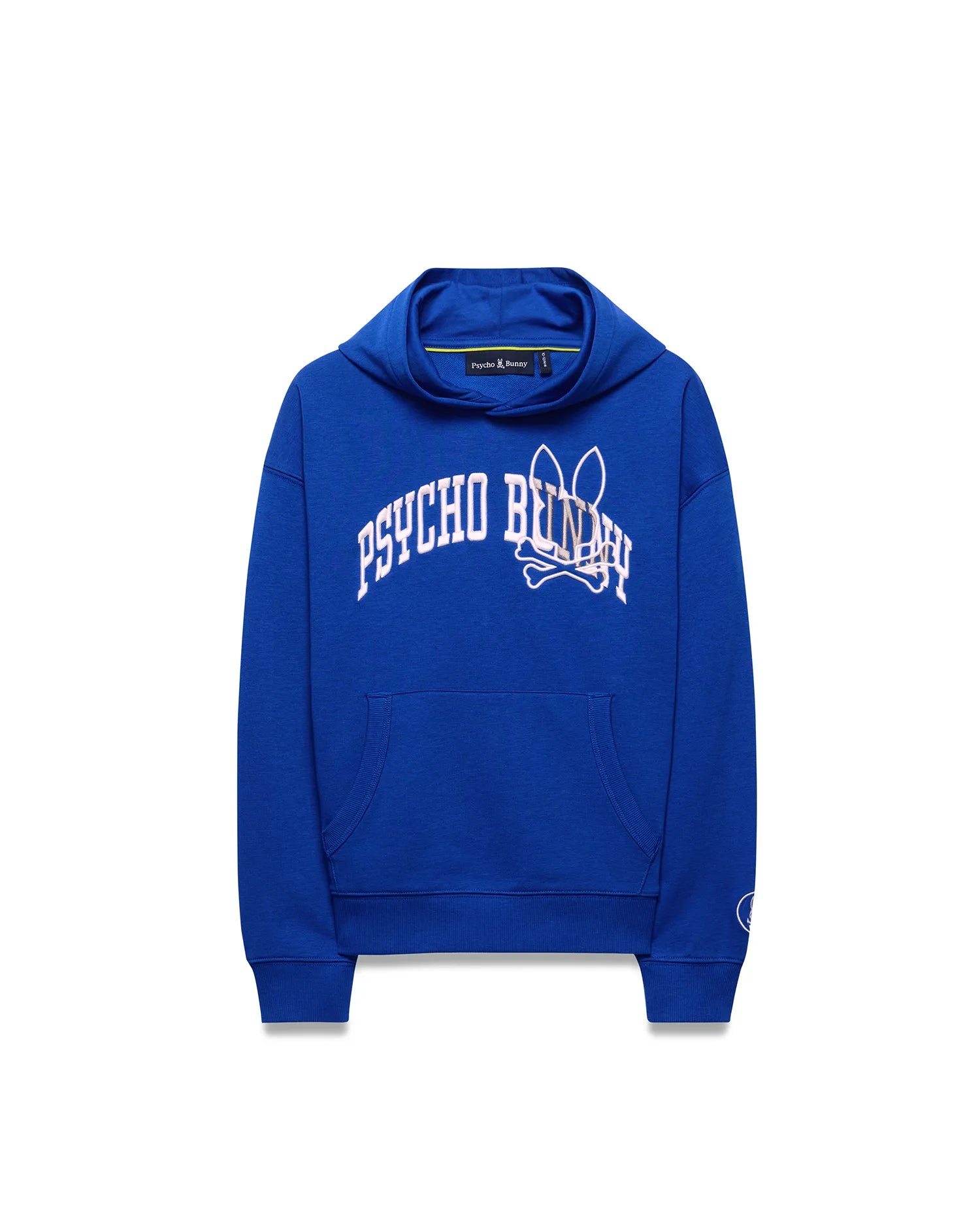 Kids Nathaniel Relaxed Hoodie in royal blue French terry, with a large white arched PSYCHO BUNNY skull logo graphic on the chest, kangaroo pocket, and small sleeve logo.