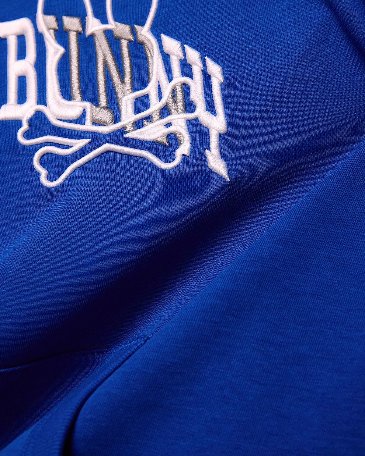 Kids Nathaniel Relaxed Hoodie in royal blue smooth knit, featuring a large embroidered Psycho Bunny wordmark and crossbones logo in white and grey.
