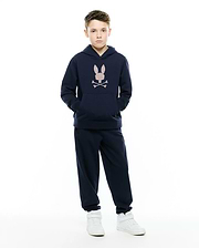 Navy Kids Darcy Hoodie in soft french terry, featuring a relaxed fit, front pouch pocket, and a large pink and white embroidered Psycho Bunny skull logo on the chest.