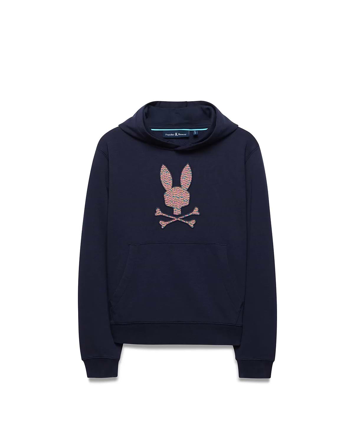 Kids Darcy Hoodie, navy blue relaxed fit french terry hoodie featuring a large, central multi-color speckled Psycho Bunny skull logo and a front kangaroo pocket.