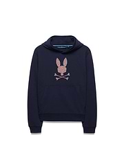 Kids Darcy Hoodie, navy blue relaxed fit french terry hoodie featuring a large, central multi-color speckled Psycho Bunny skull logo and a front kangaroo pocket.
