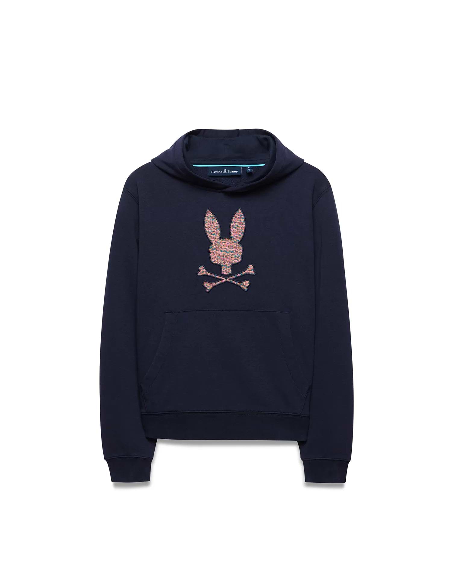 Kids Darcy Hoodie, navy blue relaxed fit french terry hoodie featuring a large, central multi-color speckled Psycho Bunny skull logo and a front kangaroo pocket.