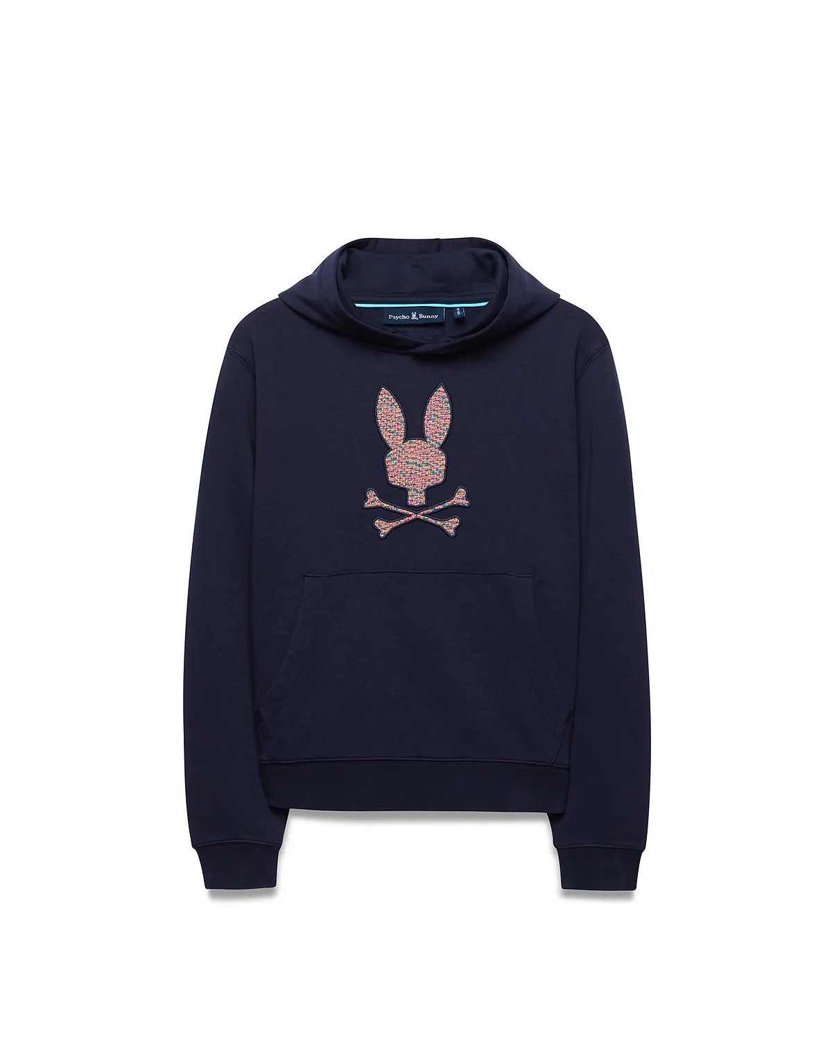 Kids Darcy Hoodie, navy blue relaxed fit french terry hoodie featuring a large, central multi-color speckled Psycho Bunny skull logo and a front kangaroo pocket.