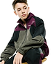 Kids Alder Nylon Colorblock Jacket in plum, olive green, and black, featuring a relaxed fit, full zip, and white Psycho Bunny text logo with NY® and coordinates on the chest.