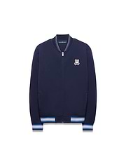 Kids Jaydon Track Jacket in navy blue, featuring a full zip, ribbed collar, and striped cuffs in white and light blue, with an embroidered Psycho Bunny skull logo on the left chest.