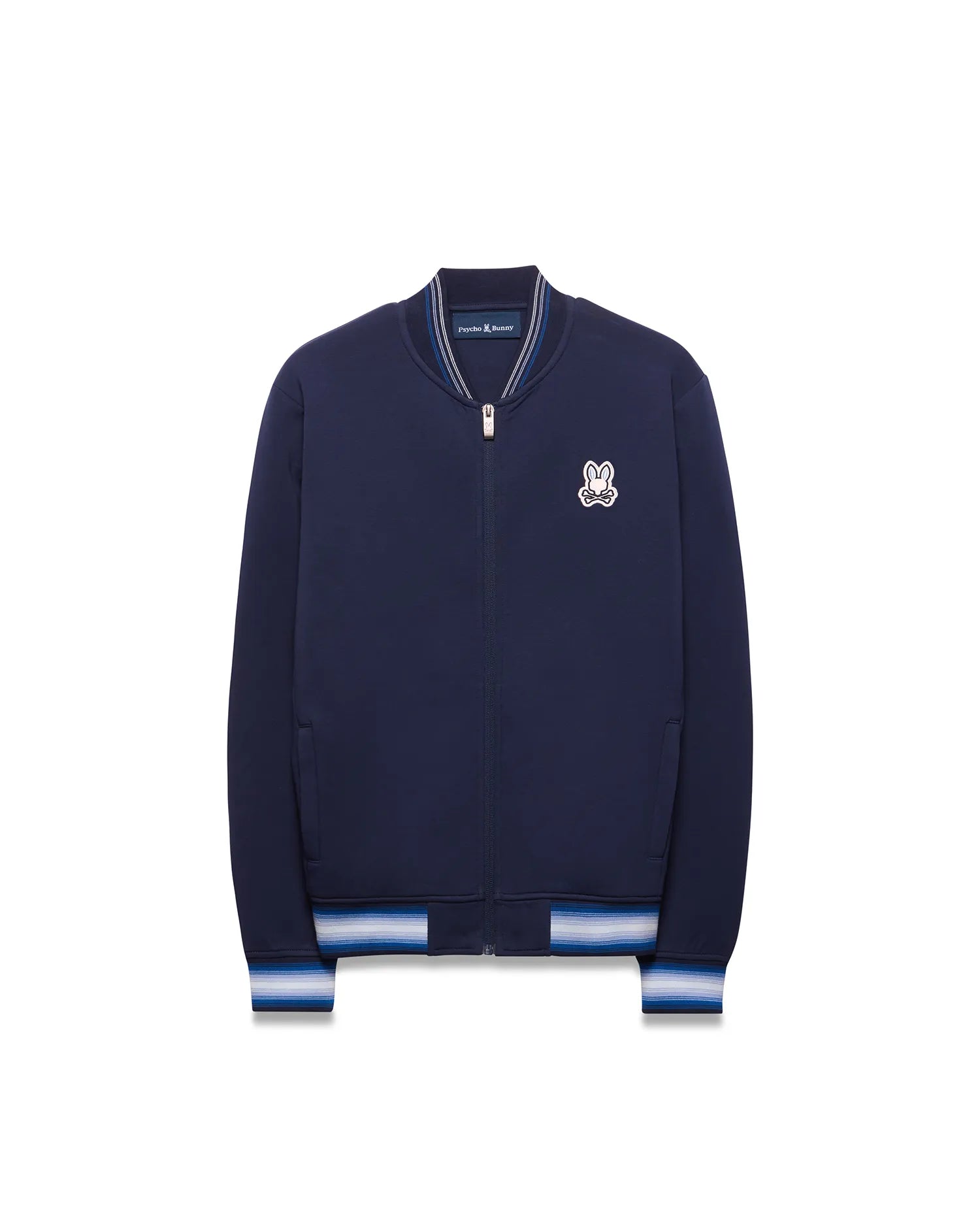 Kids Jaydon Track Jacket in navy blue, featuring a full zip, ribbed collar, and striped cuffs in white and light blue, with an embroidered Psycho Bunny skull logo on the left chest.