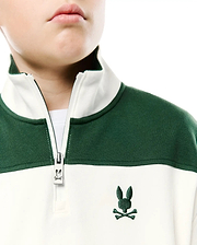 Kids Gabe French Terry 1/4 Zip, color-blocked in dark green and off-white, features a quarter-zip with a branded zipper pull and an embroidered dark green Psycho Bunny skull logo on the left chest. (2)