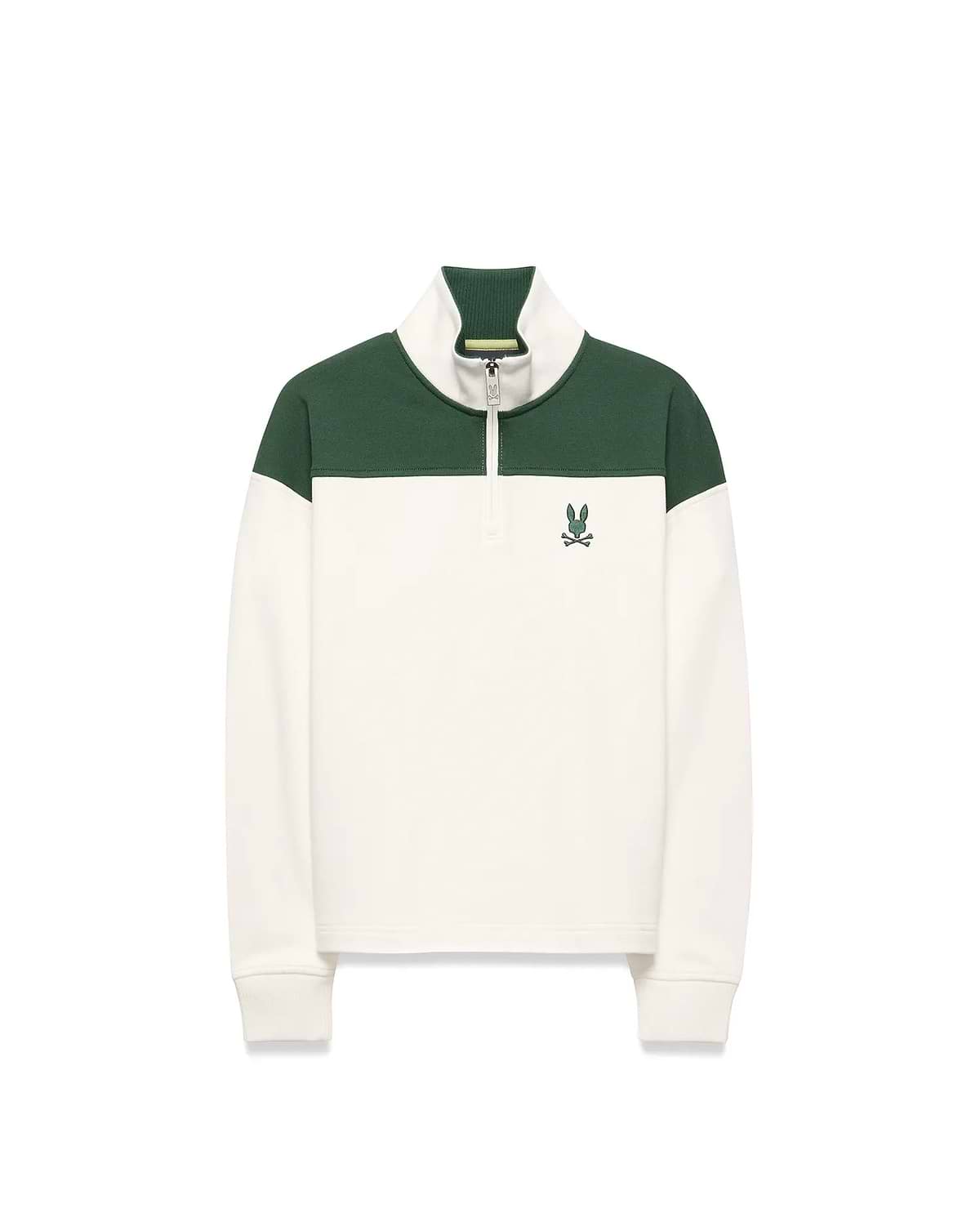 KIDS GABE FRENCH TERRY 1/4 ZIP in cream and dark green color block, with a classic fit, ribbed collar, branded zipper, and embroidered Psycho Bunny skull logo on the left chest. (5)