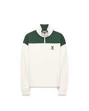 KIDS GABE FRENCH TERRY 1/4 ZIP in cream and dark green color block, with a classic fit, ribbed collar, branded zipper, and embroidered Psycho Bunny skull logo on the left chest. (5)