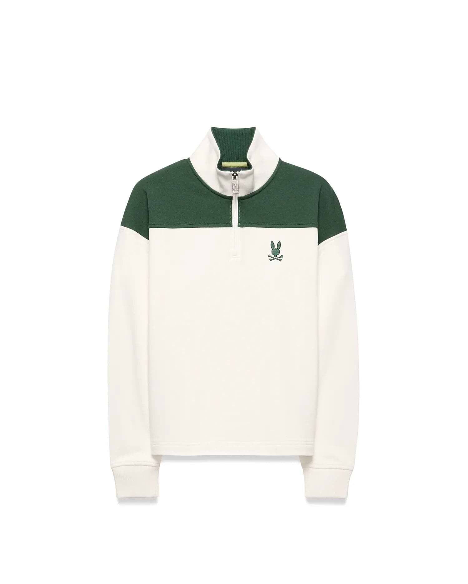 KIDS GABE FRENCH TERRY 1/4 ZIP in cream and dark green color block, with a classic fit, ribbed collar, branded zipper, and embroidered Psycho Bunny skull logo on the left chest. (5)