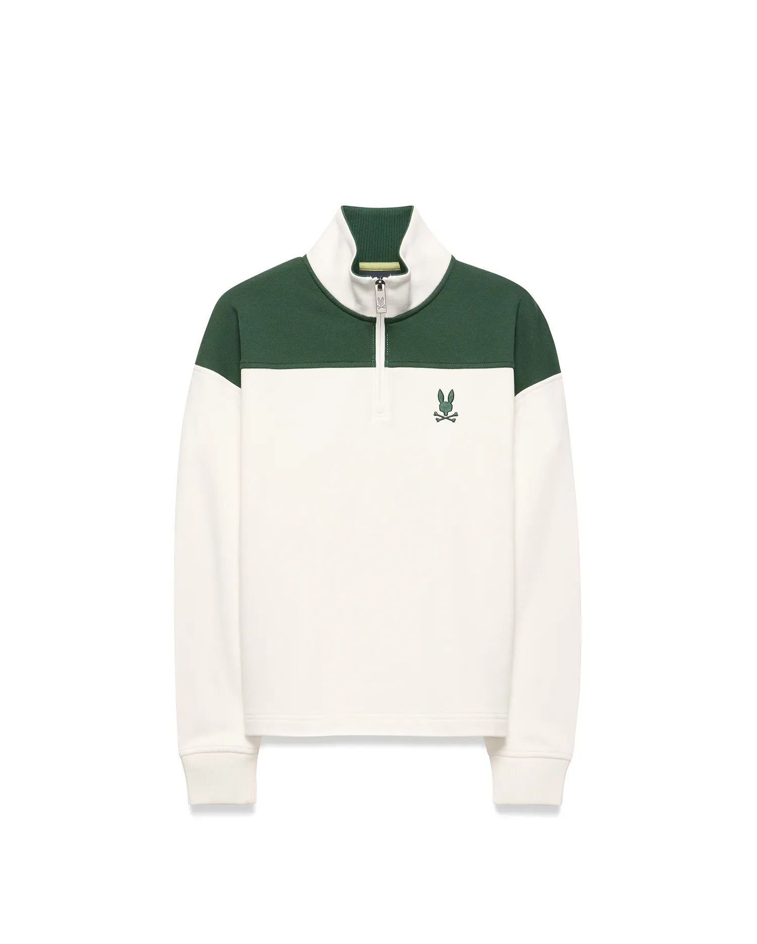 KIDS GABE FRENCH TERRY 1/4 ZIP in cream and dark green color block, with a classic fit, ribbed collar, branded zipper, and embroidered Psycho Bunny skull logo on the left chest. (5)