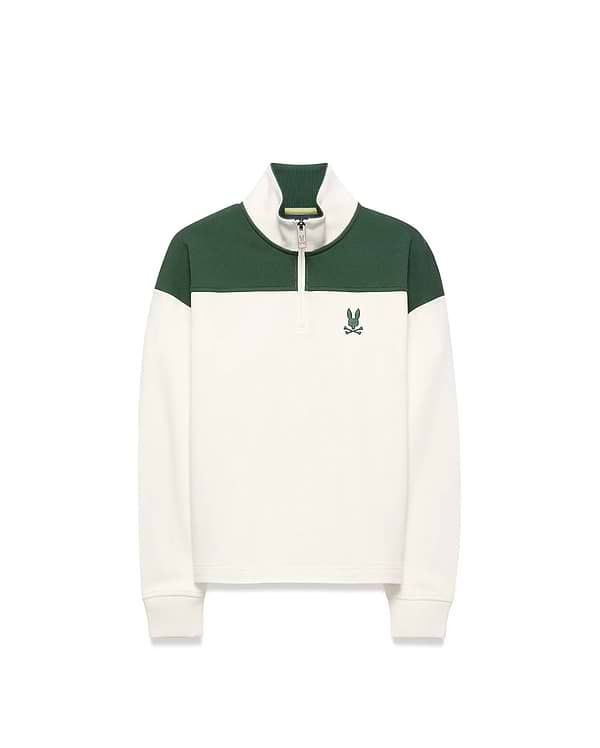 KIDS GABE FRENCH TERRY 1/4 ZIP in cream and dark green color block, with a classic fit, ribbed collar, branded zipper, and embroidered Psycho Bunny skull logo on the left chest. (5)