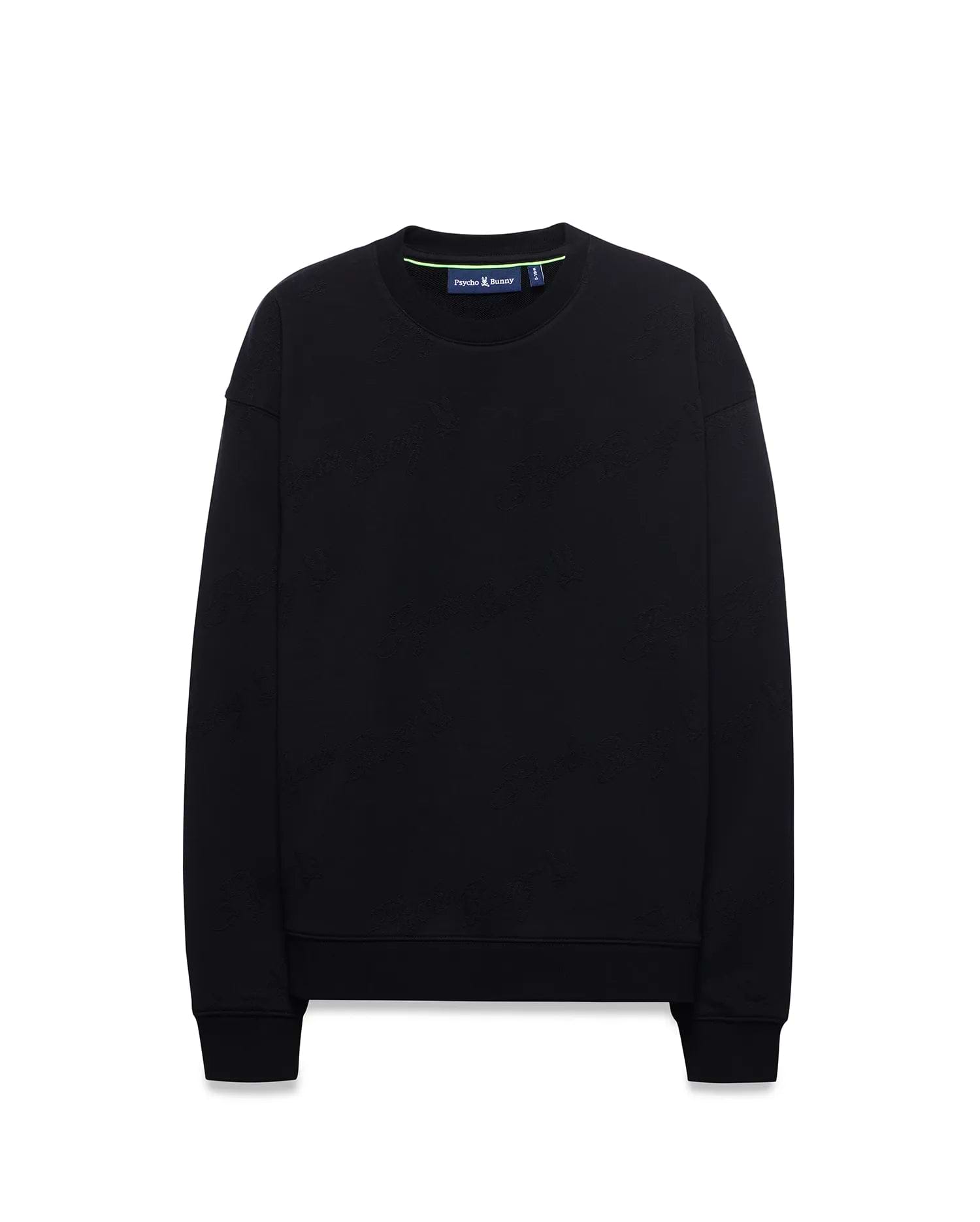 Kids Cedrick All Over Jacquard Crew, a black relaxed fit sweatshirt featuring a subtle tone-on-tone all-over jacquard Psycho Bunny skull logo pattern and a neon green inner collar detail.