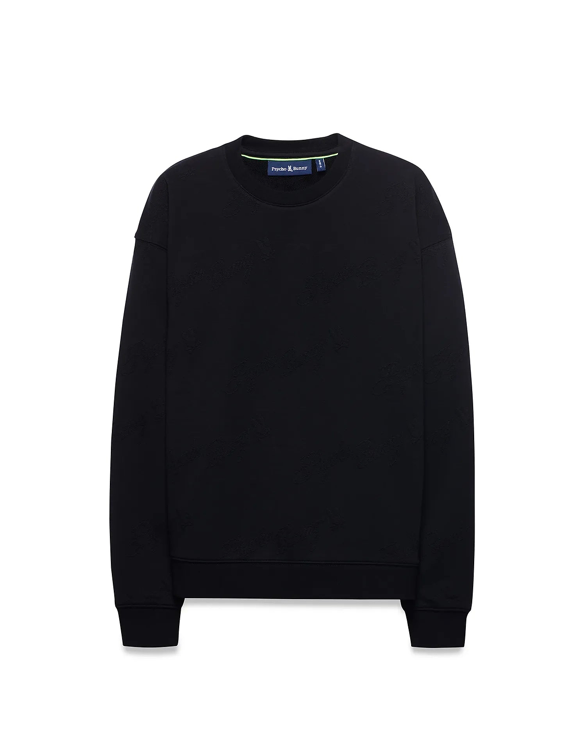 Kids Cedrick All Over Jacquard Crew, a black relaxed fit sweatshirt featuring a subtle tone-on-tone all-over jacquard Psycho Bunny skull logo pattern and a neon green inner collar detail.