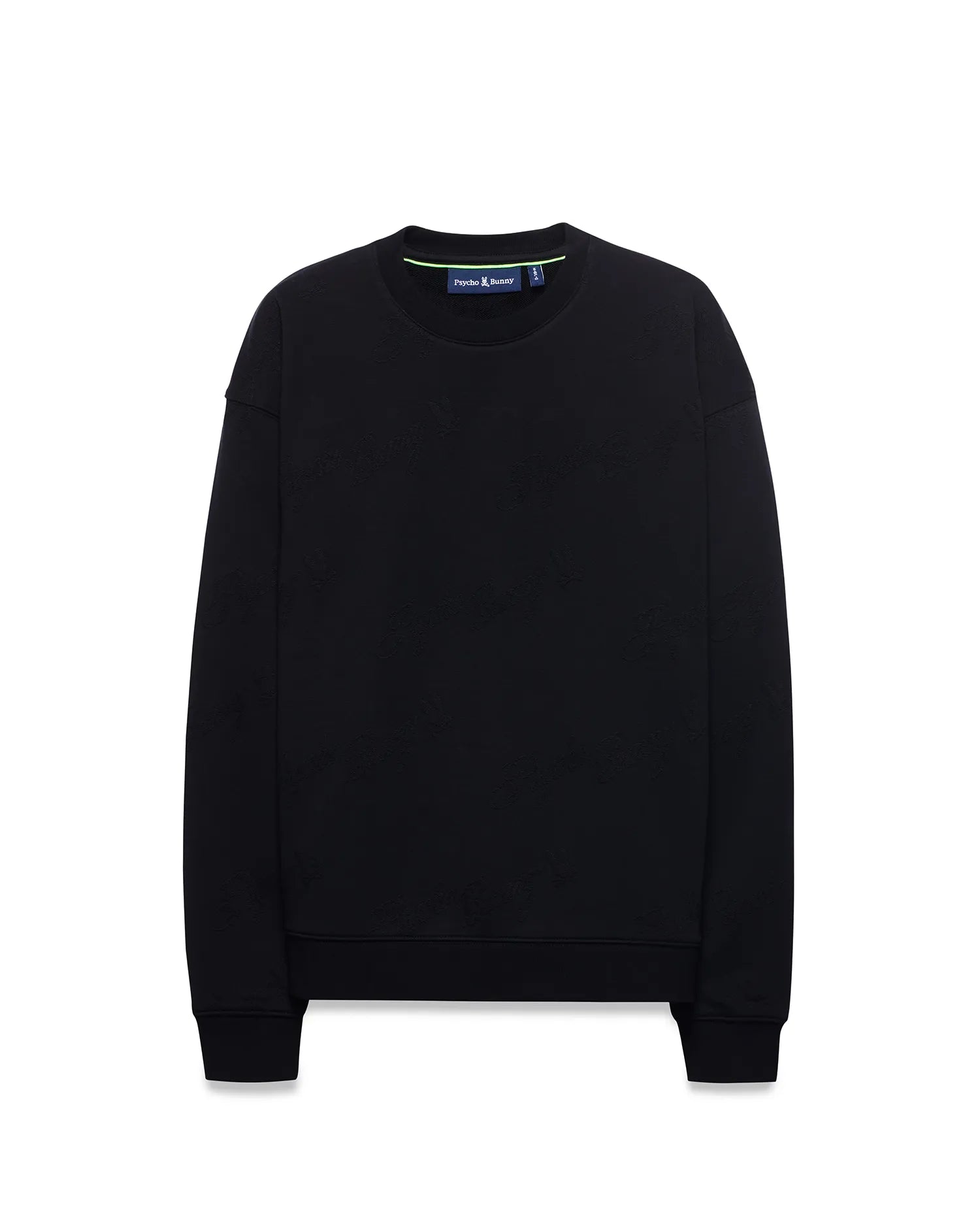 Kids Cedrick All Over Jacquard Crew, a black relaxed fit sweatshirt featuring a subtle tone-on-tone all-over jacquard Psycho Bunny skull logo pattern and a neon green inner collar detail.