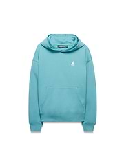 Kids' Terrence Fleece Hoodie in aqua, featuring a relaxed fit, soft fleece fabric, kangaroo pocket, and a small embroidered white Psycho Bunny skull logo on the left chest. (5)