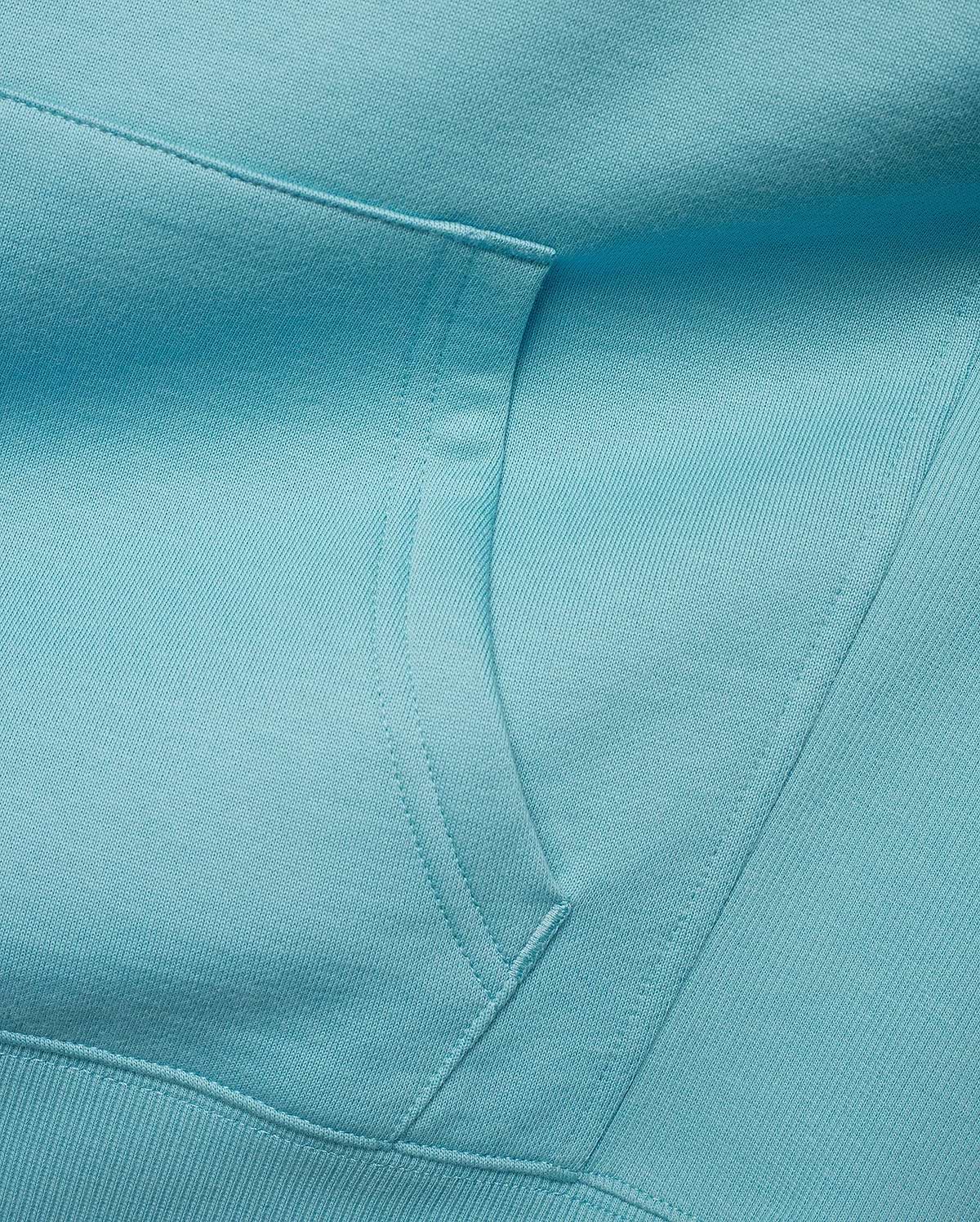 Kids' Terrence Fleece Hoodie in bright aqua, showcasing a soft, visible French terry knit texture, a spacious kangaroo pocket, and a finely ribbed hem for comfort. (6)