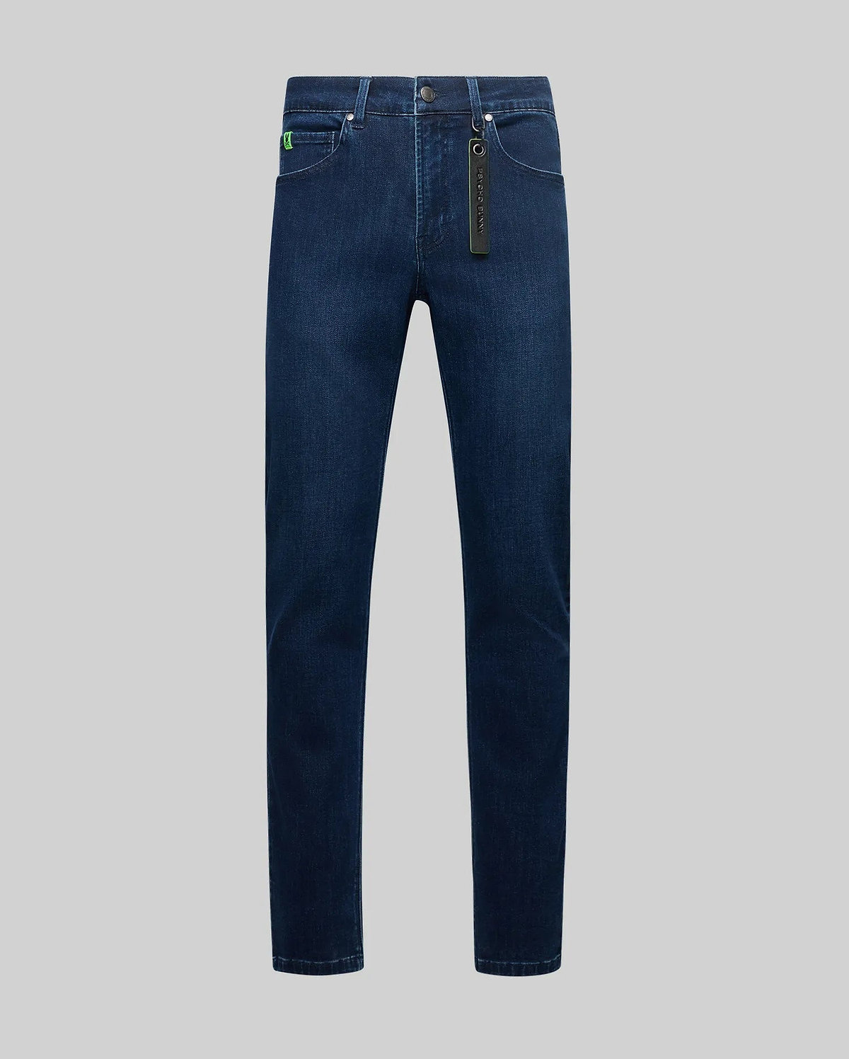 Mens Emerson Denim Pant, dark blue classic fit denim featuring a small embroidered green Psycho Bunny skull on the coin pocket and a branded Psycho Bunny hang tag.
