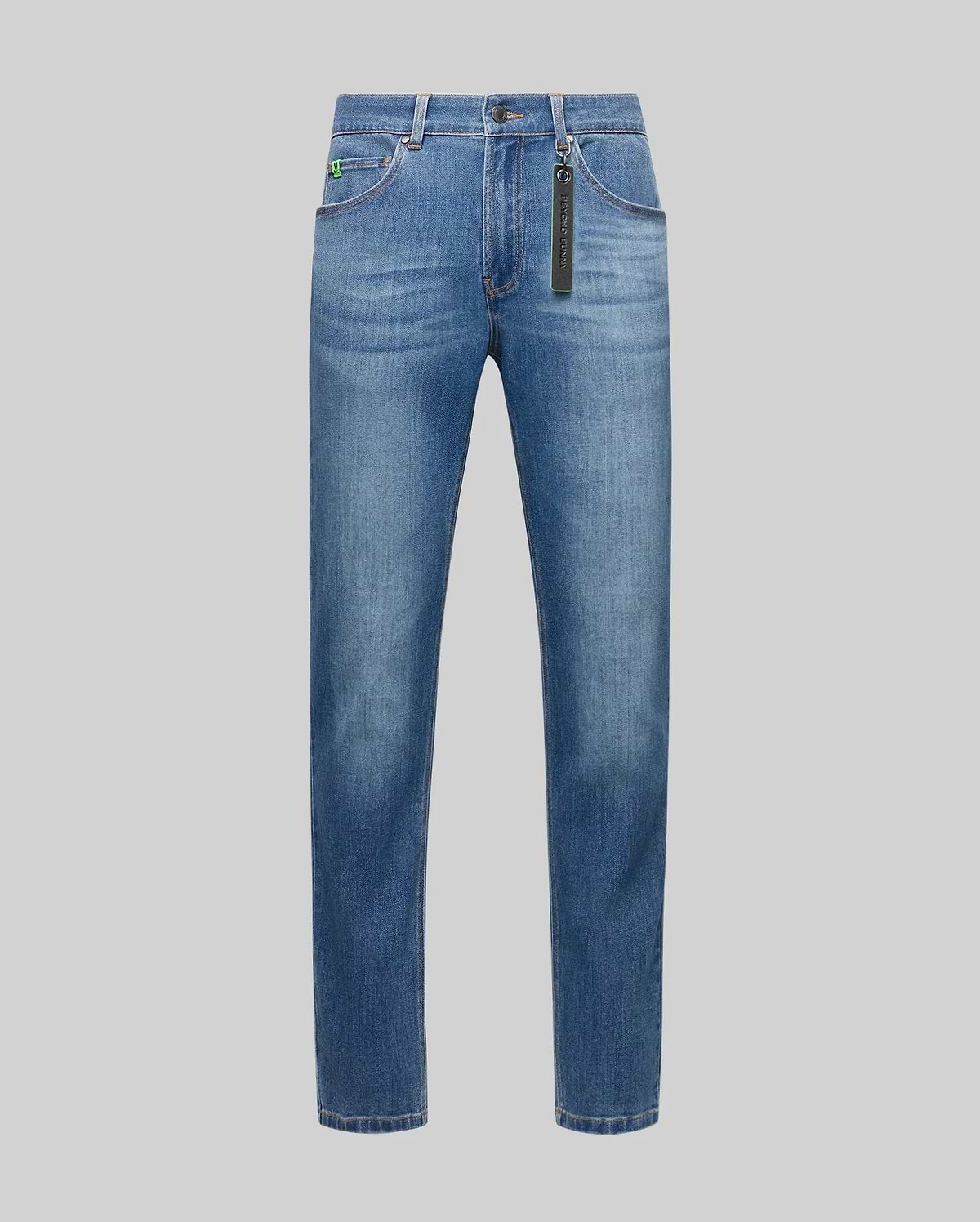 Mens Emerson Denim Pant, classic fit blue faded denim jeans with a small embroidered green bunny skull logo on the coin pocket and a black Psycho Bunny keychain.
