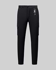 Black Mens Luka Cargo Pant in a slim fit, featuring smooth fabric, side cargo pockets, an orange-flecked drawstring, and a detachable Psycho Bunny skull logo keychain.