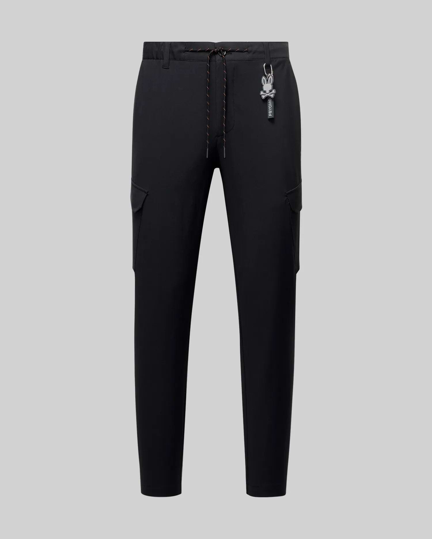 Black Mens Luka Cargo Pant in a slim fit, featuring smooth fabric, side cargo pockets, an orange-flecked drawstring, and a detachable Psycho Bunny skull logo keychain.