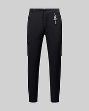 Black Mens Luka Cargo Pant in a slim fit, featuring smooth fabric, side cargo pockets, an orange-flecked drawstring, and a detachable Psycho Bunny skull logo keychain.