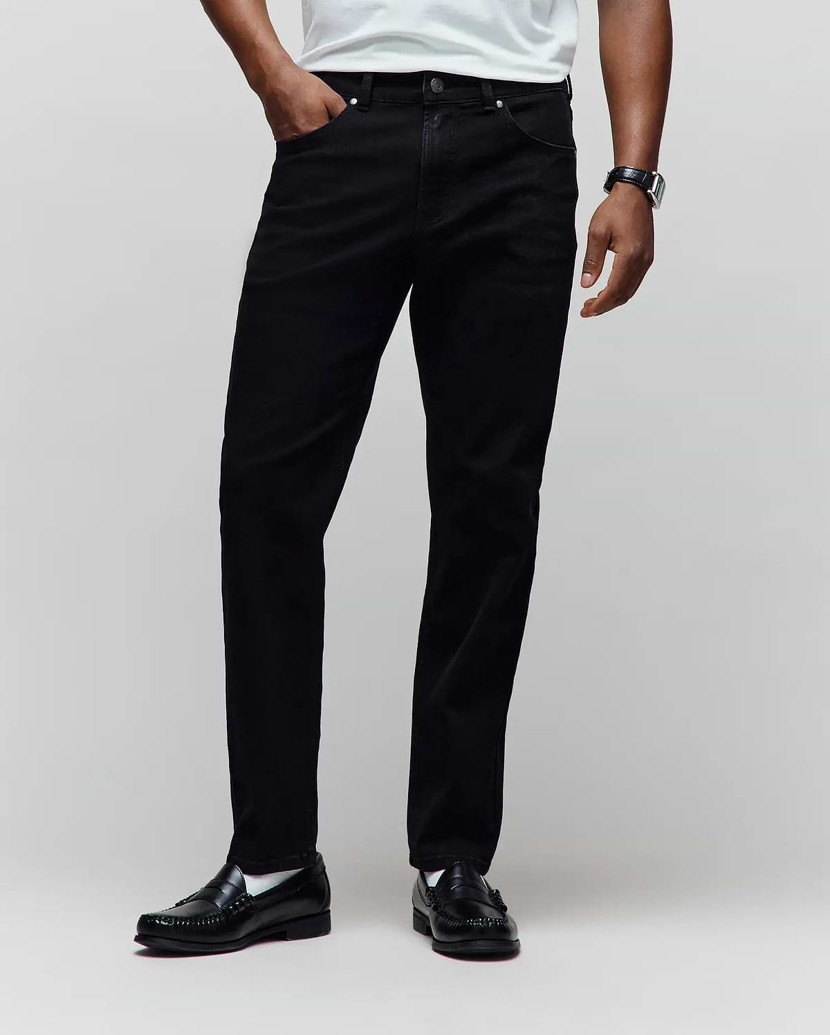 Mens Emerson Denim Pant, classic straight leg fit black denim with a smooth texture, subtle fading, five-pocket styling, and silver-tone button and rivet hardware.