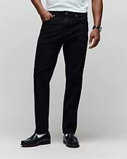 Mens Emerson Denim Pant, classic straight leg fit black denim with a smooth texture, subtle fading, five-pocket styling, and silver-tone button and rivet hardware.
