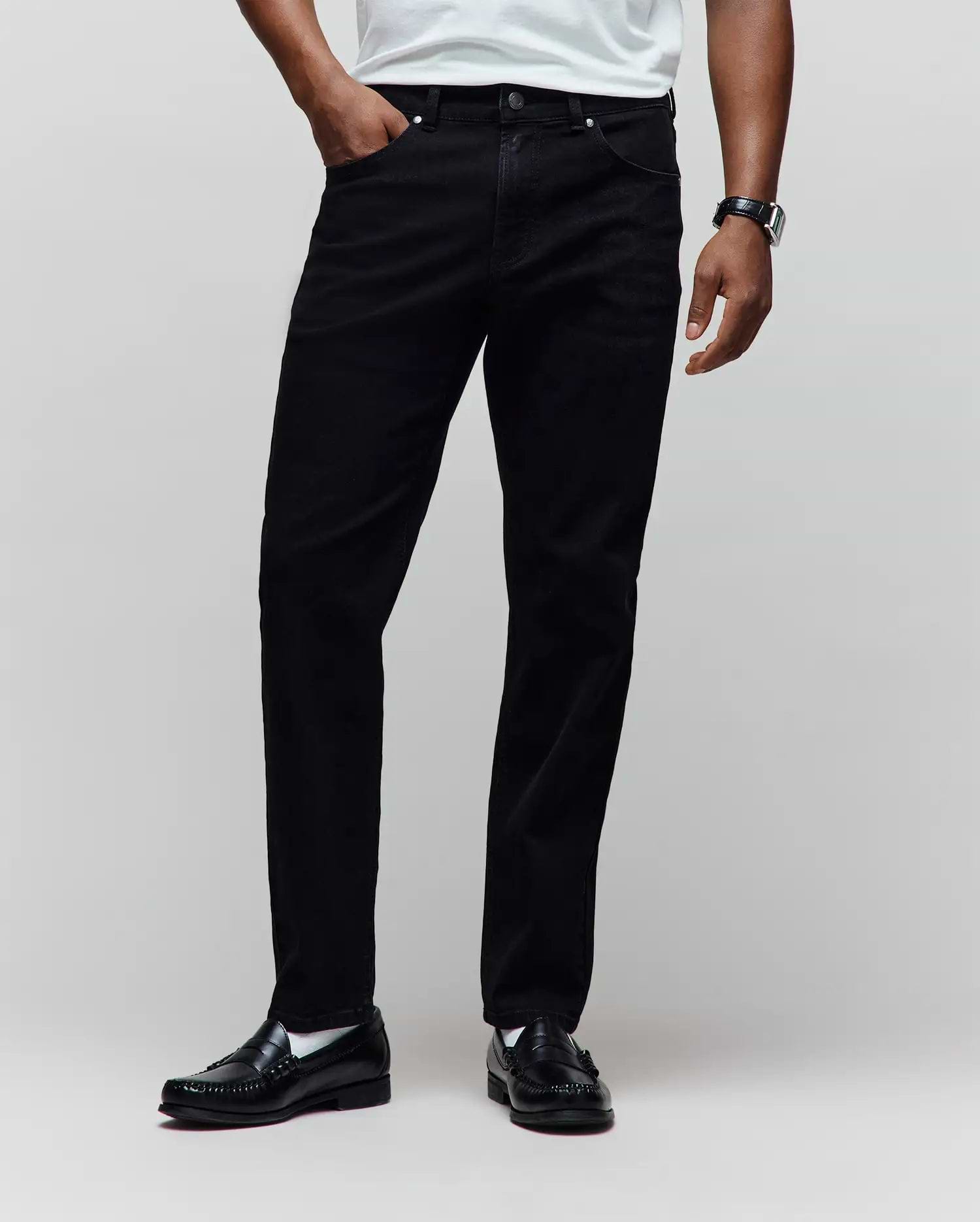 Mens Emerson Denim Pant, classic straight leg fit black denim with a smooth texture, subtle fading, five-pocket styling, and silver-tone button and rivet hardware.