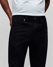 Mens Emerson Denim Pant, classic fit dark wash black denim jeans with silver hardware and a small embroidered Psycho Bunny logo on the right coin pocket.