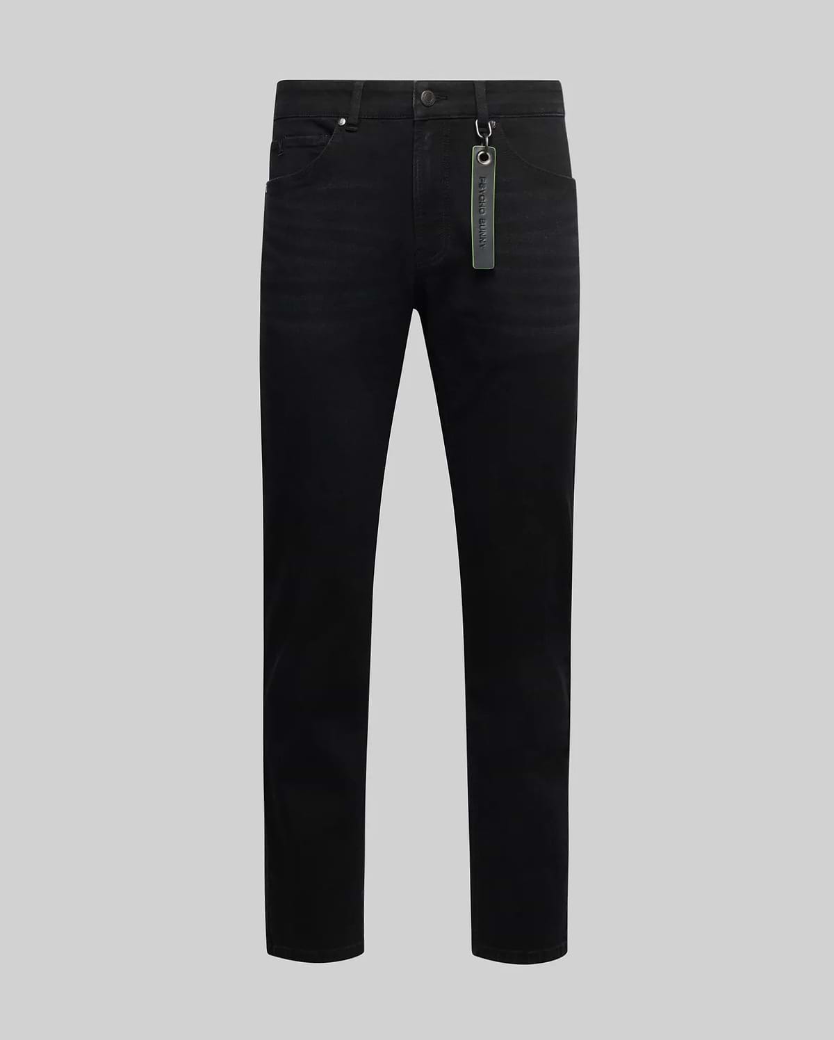 Mens Emerson Denim Pant, premium black slim-fit denim with a subtle faded wash and classic five-pocket styling, accented by a vibrant green Psycho Bunny branded keychain tag on the front belt loop.