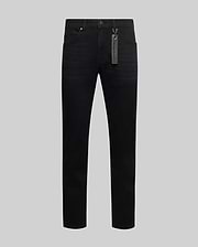 Mens Emerson Denim Pant, premium black slim-fit denim with a subtle faded wash and classic five-pocket styling, accented by a vibrant green Psycho Bunny branded keychain tag on the front belt loop.