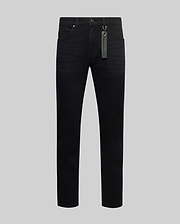 Mens Emerson Denim Pant, premium black slim-fit denim with a subtle faded wash and classic five-pocket styling, accented by a vibrant green Psycho Bunny branded keychain tag on the front belt loop.