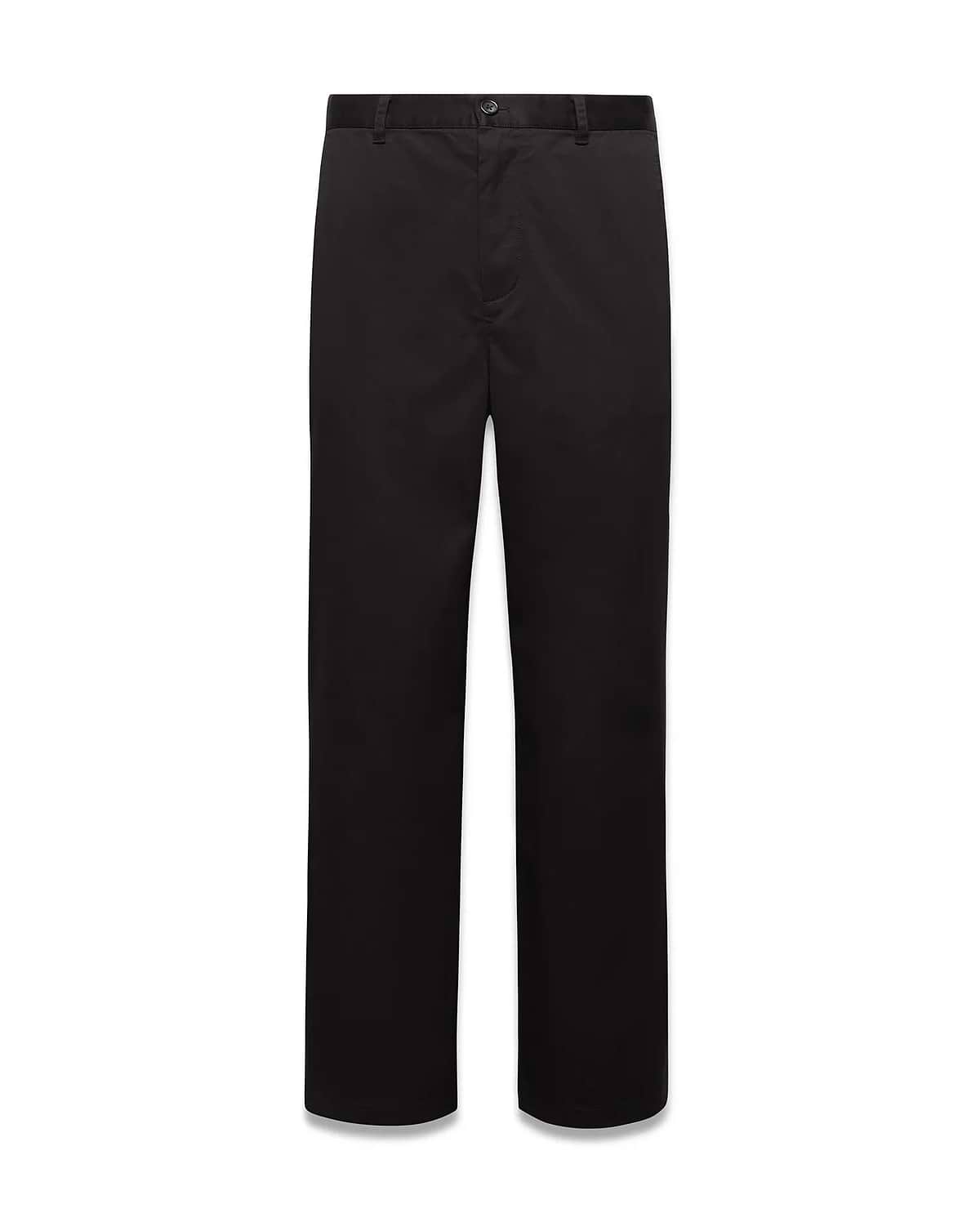 Mens Aidan Chino Pant, a classic straight fit in solid black smooth twill fabric, featuring a flat front, belt loops, and a concealed button and zip closure. (5)