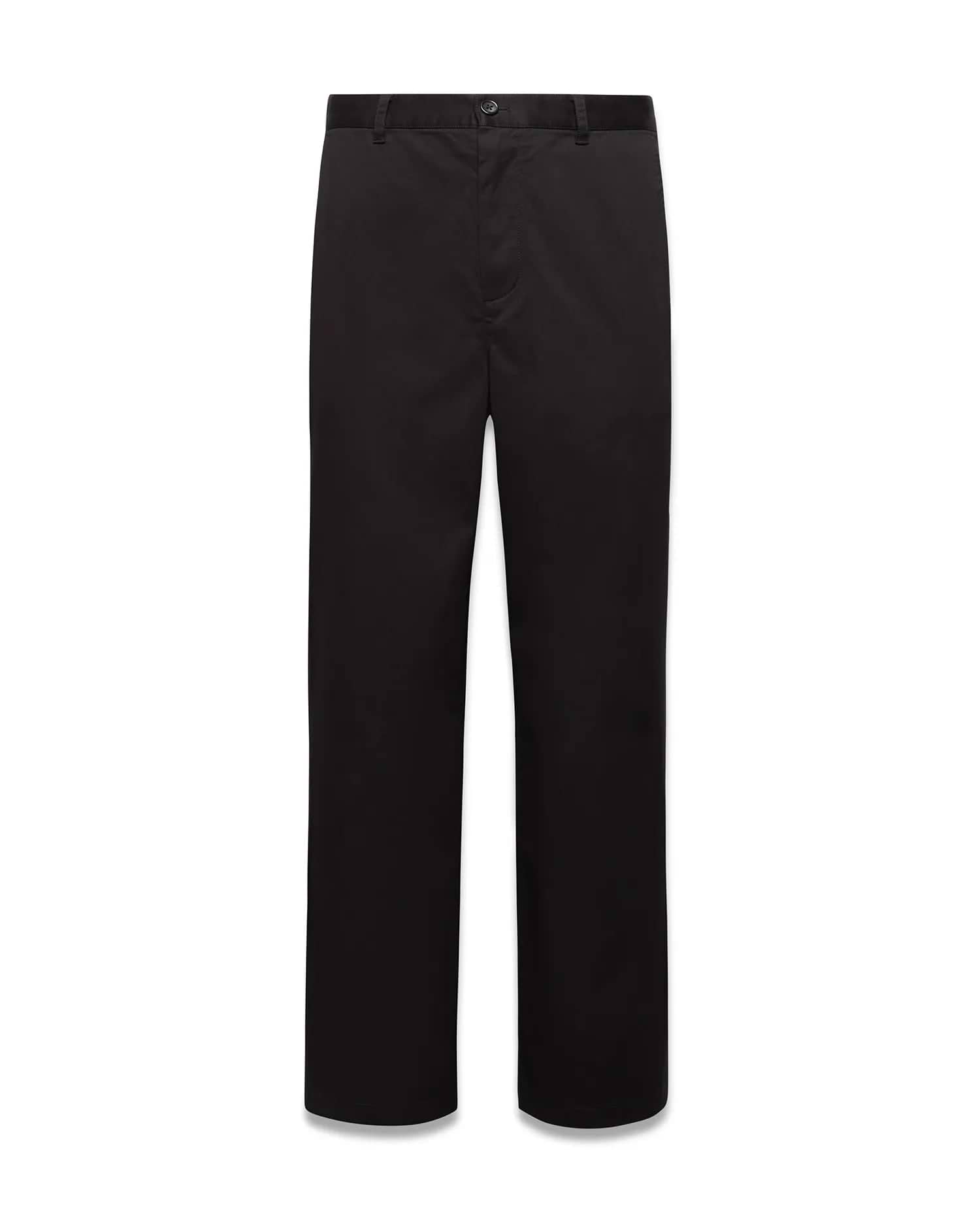Mens Aidan Chino Pant, a classic straight fit in solid black smooth twill fabric, featuring a flat front, belt loops, and a concealed button and zip closure. (5)