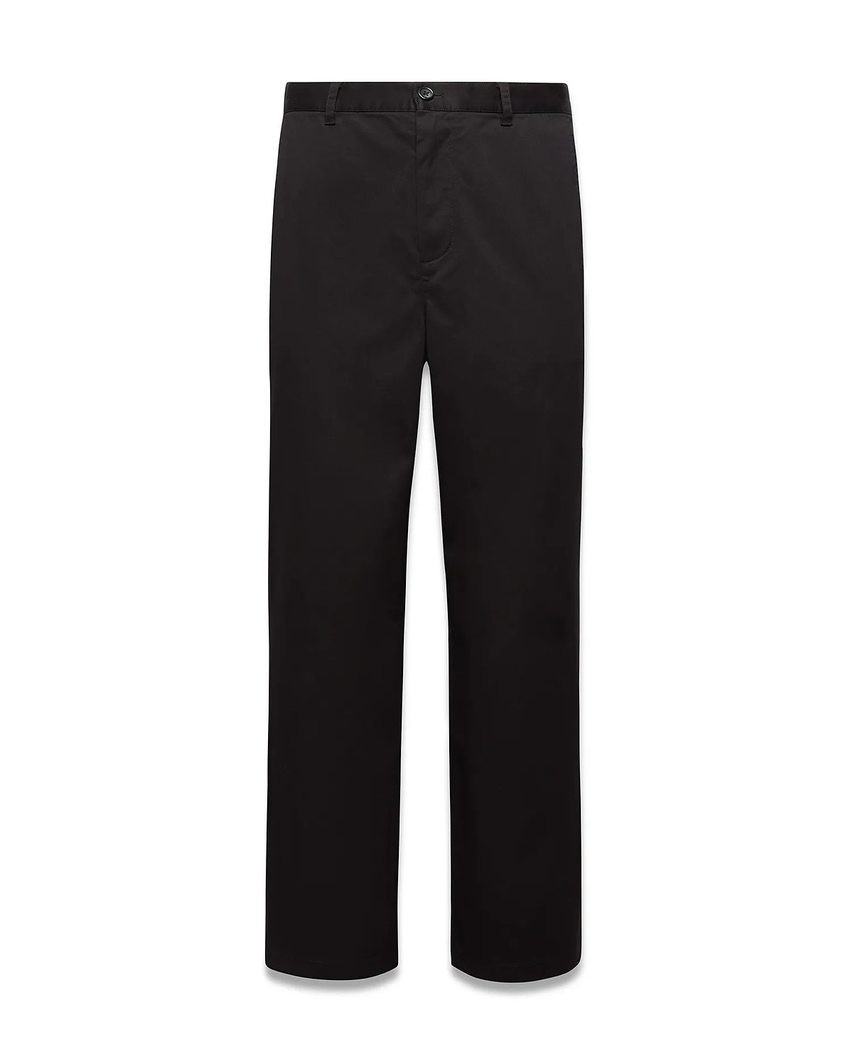 Mens Aidan Chino Pant, a classic straight fit in solid black smooth twill fabric, featuring a flat front, belt loops, and a concealed button and zip closure. (5)