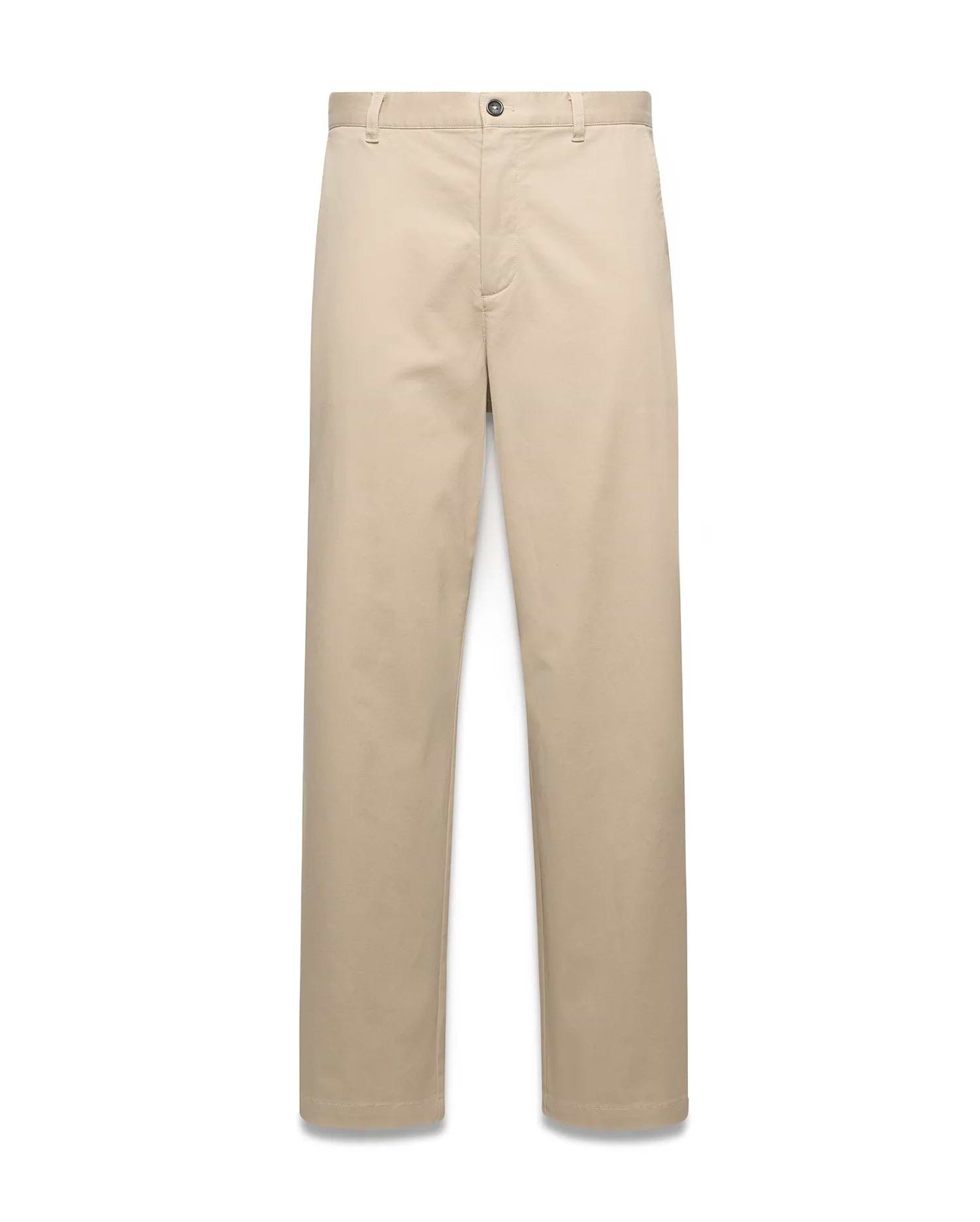 Mens Aidan Chino Pant in classic fit beige smooth cotton chino fabric, featuring a flat front, button closure, and belt loops.