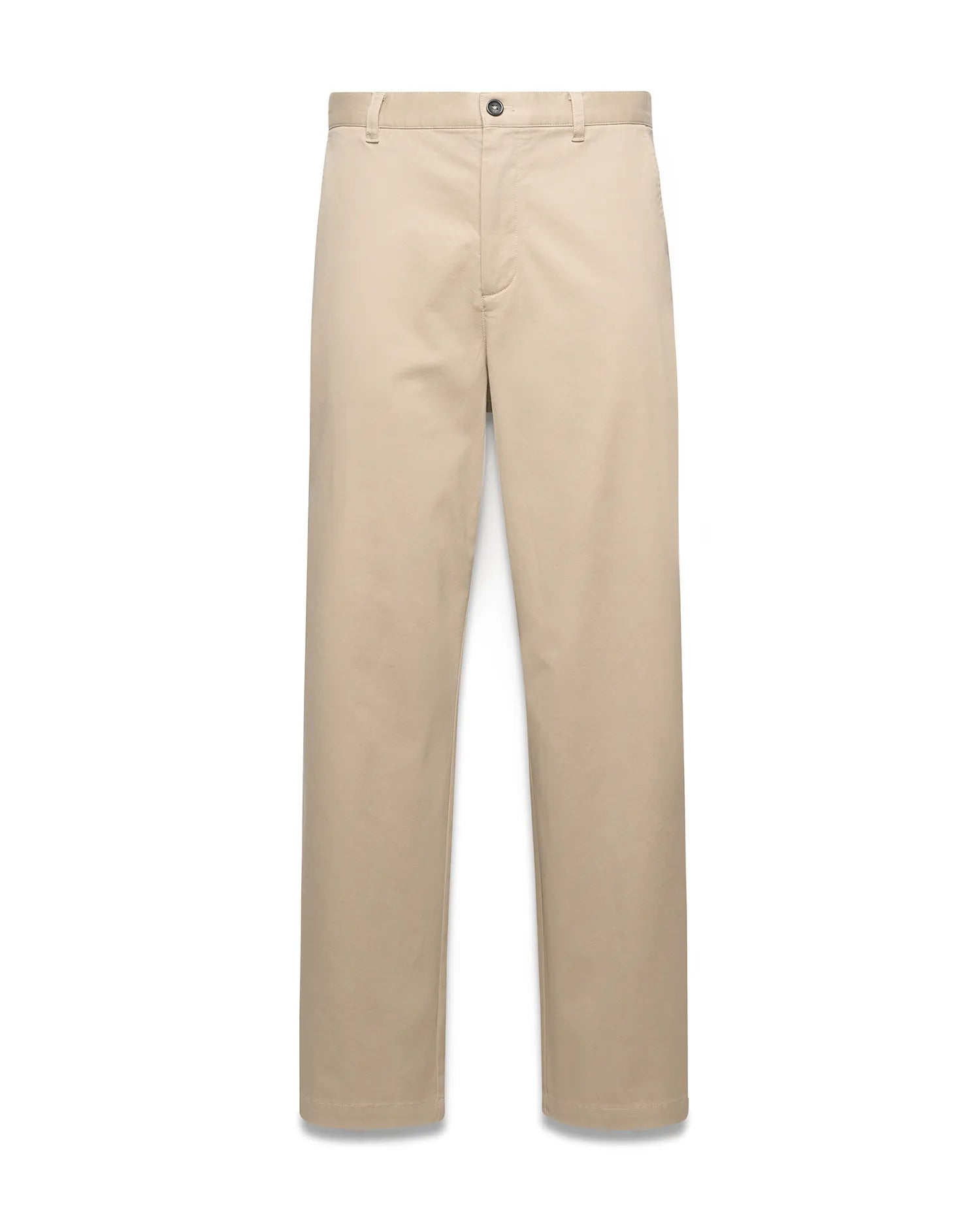 Mens Aidan Chino Pant in classic fit beige smooth cotton chino fabric, featuring a flat front, button closure, and belt loops.