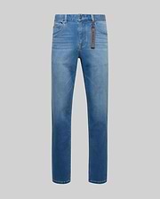 Mens Ace Knit Denim Pant in light blue washed knit denim, classic fit, with five-pocket styling, a small red embroidered bunny logo on the coin pocket, and a dark grey Psycho Bunny brand tag.
