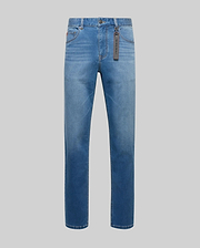 Mens Ace Knit Denim Pant in light blue washed knit denim, classic fit, with five-pocket styling, a small red embroidered bunny logo on the coin pocket, and a dark grey Psycho Bunny brand tag.